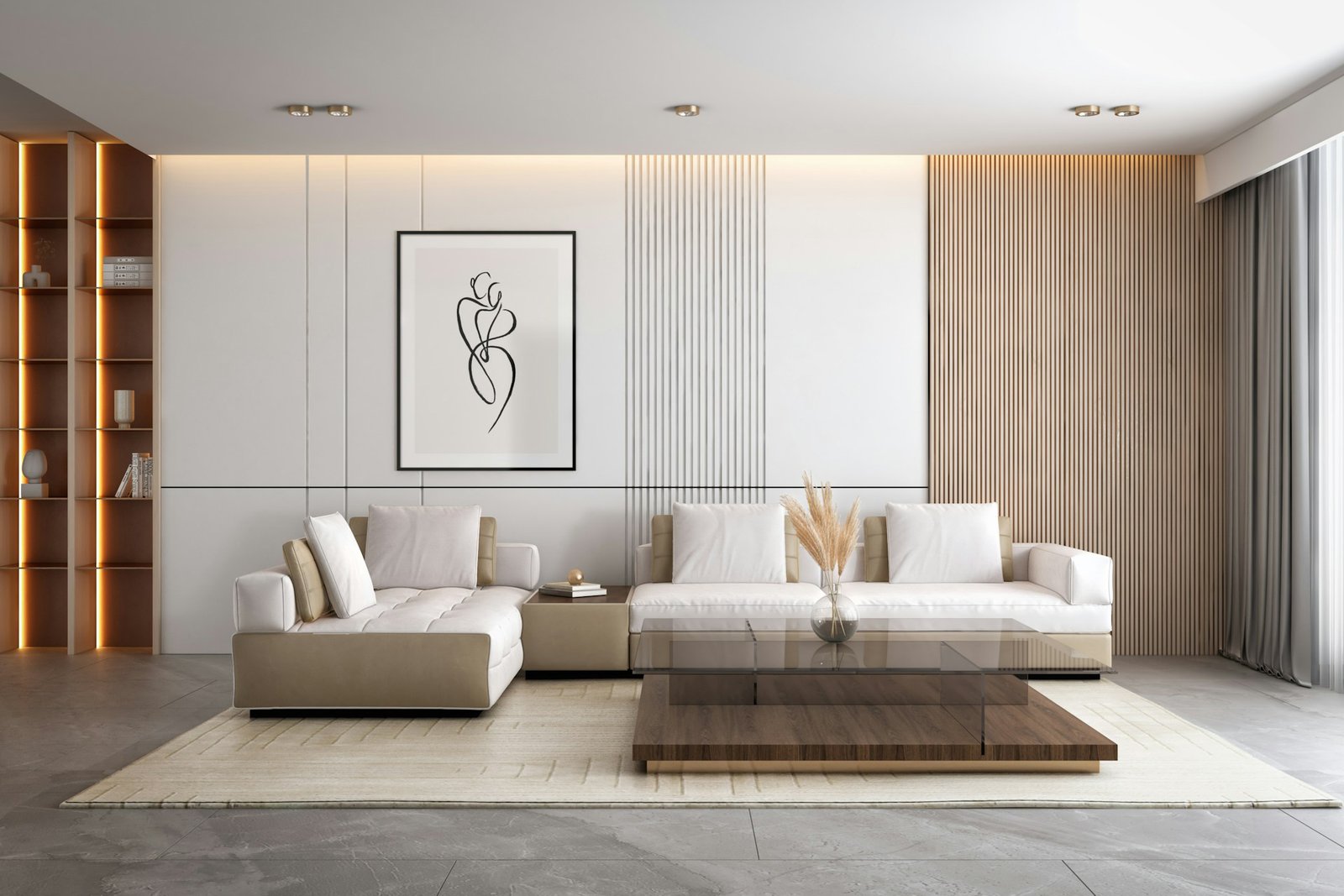 Neues Sofa steht im Wohnzimmer auf einem glatten Boden
