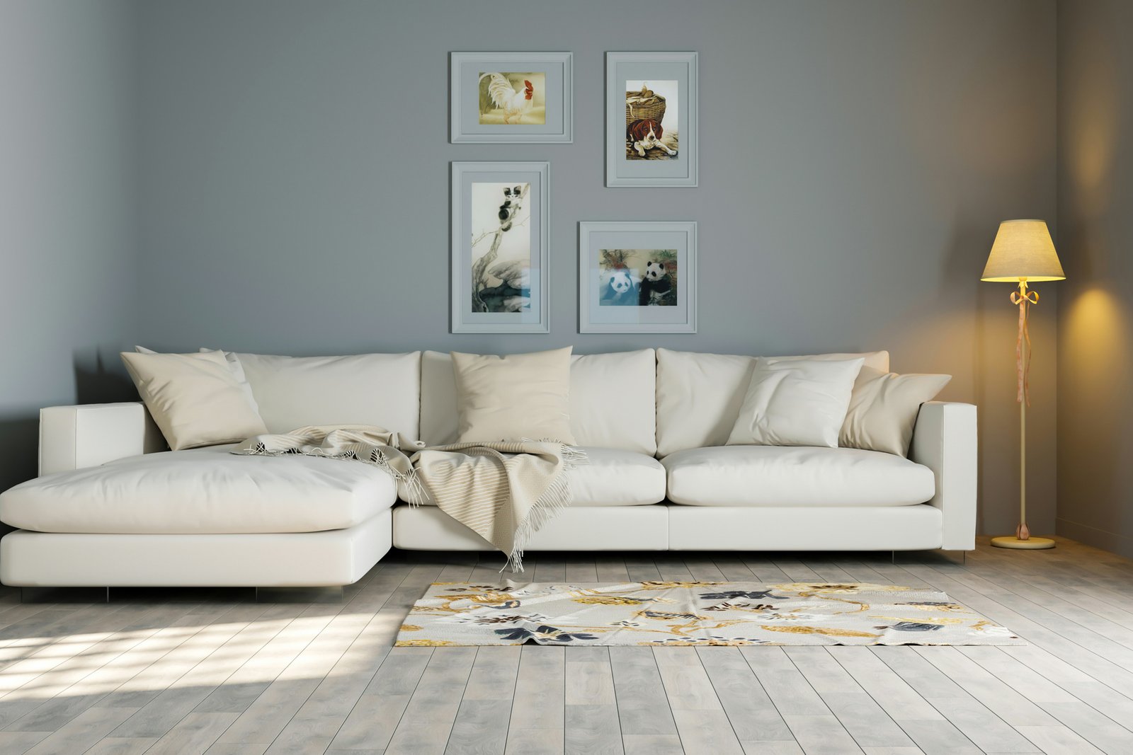 Sofa steht im Wohnzimmer auf einem glatten Boden