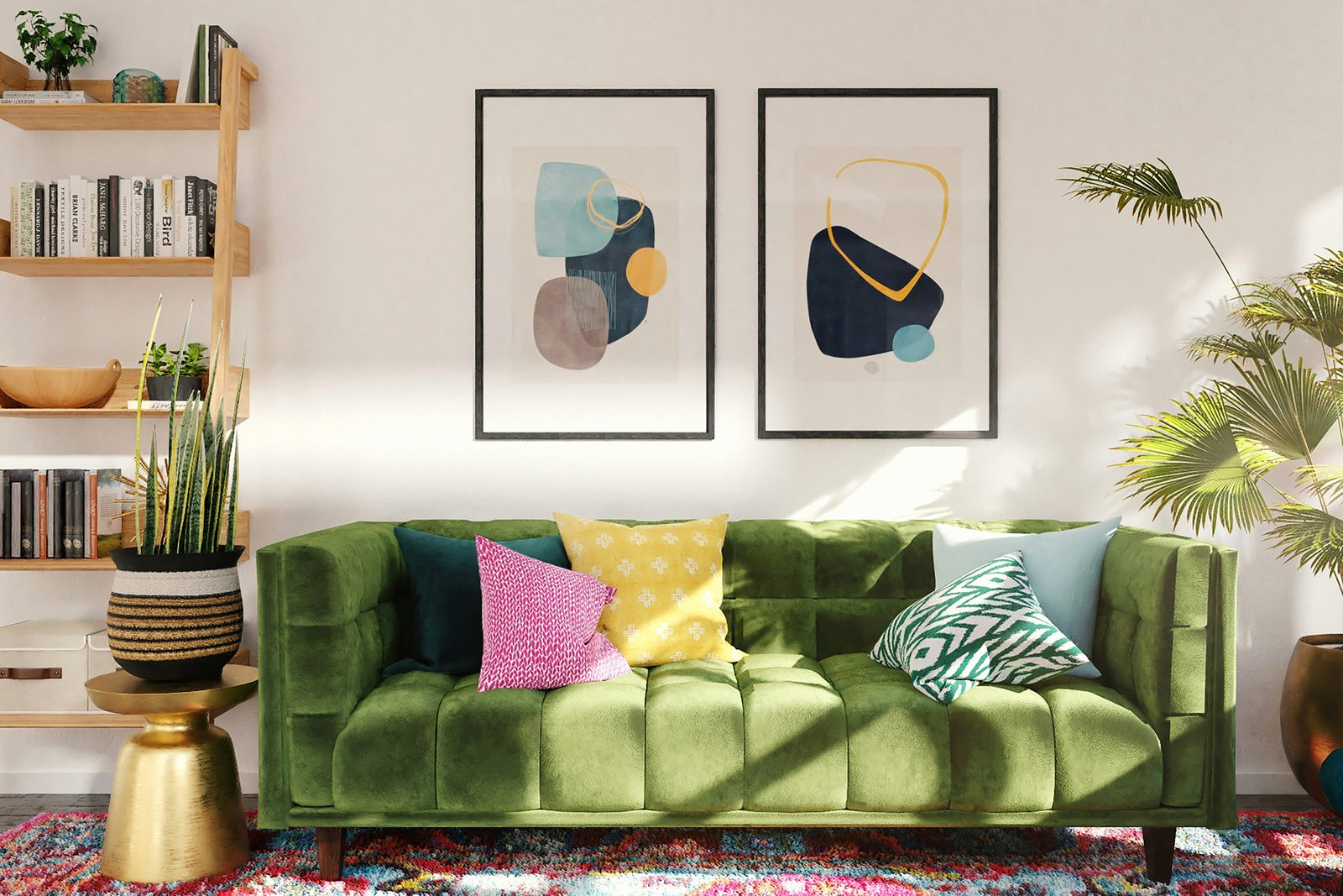 Sofa steht in einem Wohnzimmer auf einem glatten Boden