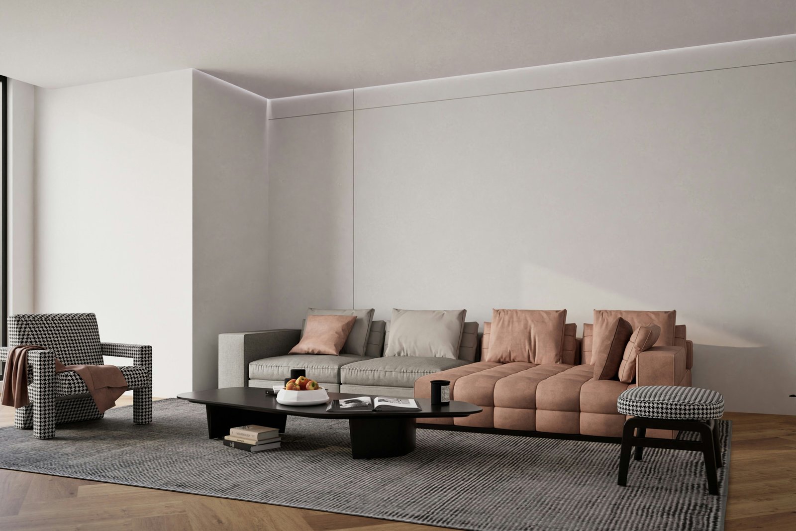 Sofa steht im Wohnzimmer auf einem glatten Boden